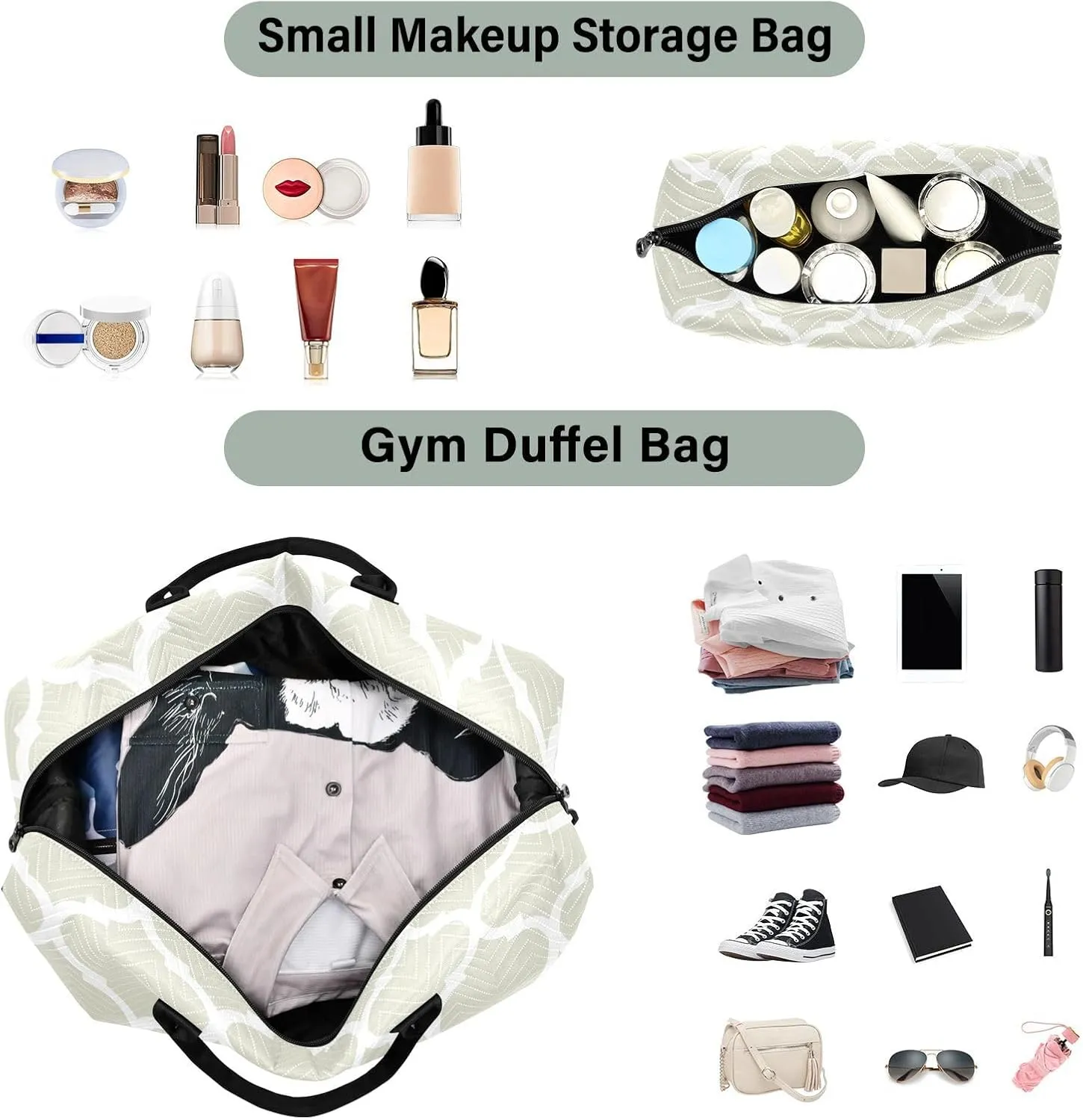 Beige Moroccan Sports Gym Bag for Women Men Travel Duffel Bag Weekend Overnight Carry on Bag with Toiletry Bag Air Travel Bag for Plane Hospital Workout Swimming Yoga