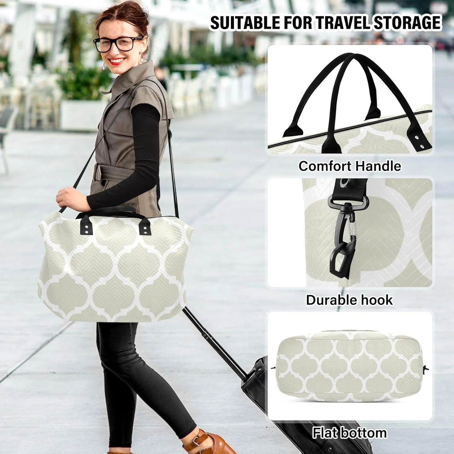 Beige Moroccan Sports Gym Bag for Women Men Travel Duffel Bag Weekend Overnight Carry on Bag with Toiletry Bag Air Travel Bag for Plane Hospital Workout Swimming Yoga