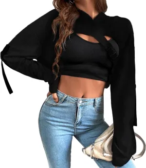 BEJONS Women Long Sleeve Cropped Super Crop Top Hoodies Sweatshirt Aesthetic Punk Hip Hop Dance Sexy Rave Cloth