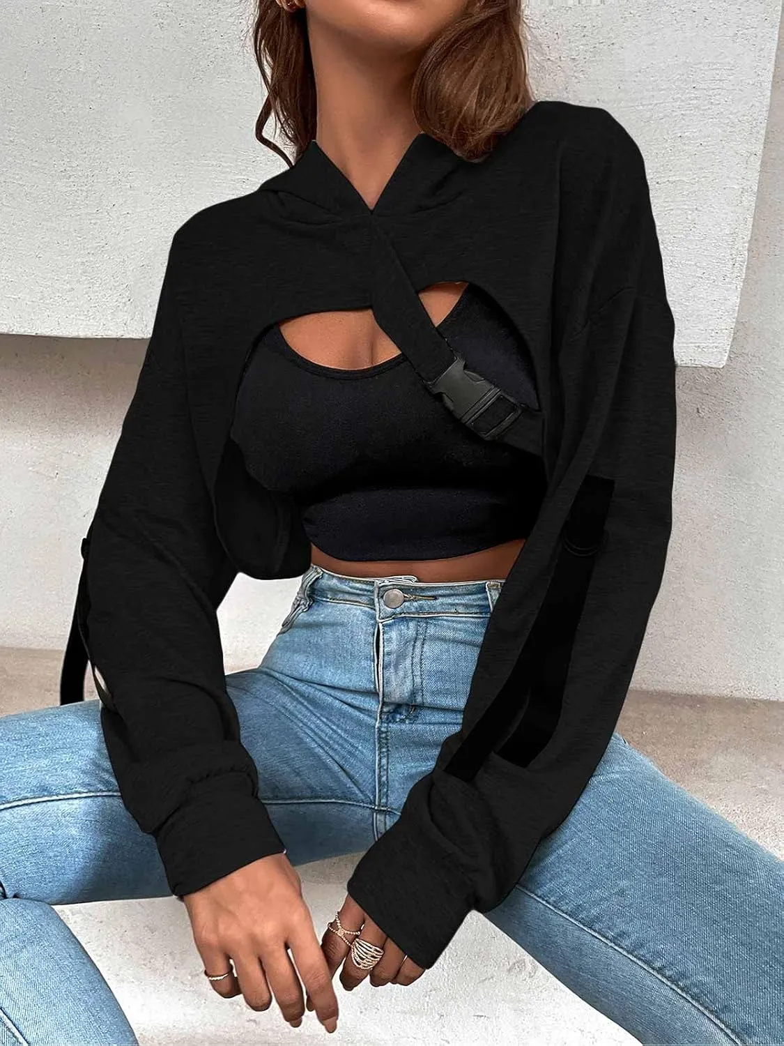 BEJONS Women Long Sleeve Cropped Super Crop Top Hoodies Sweatshirt Aesthetic Punk Hip Hop Dance Sexy Rave Cloth