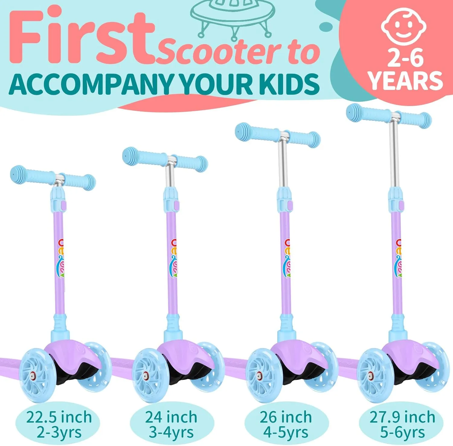 BELEEV A1 Scooter for Kids Ages 2-6, 3 Wheel Kick Scooter for Toddlers Girls Boys, Light up Wheels, Adjustable Height, Lean to Steer, Non-Slip Deck, Lightweight Push Scooter for Children