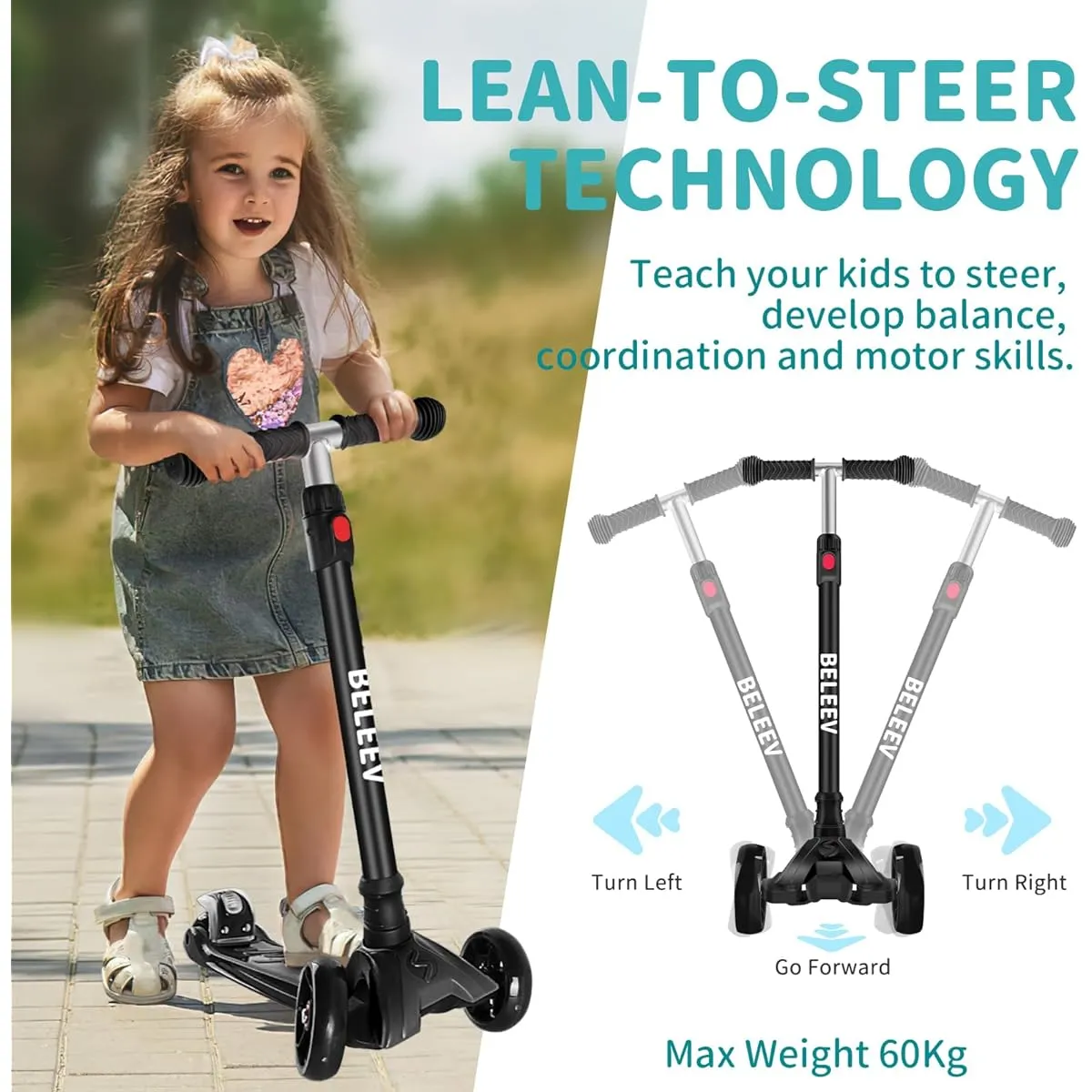 BELEEV A2 Scooter for Kids 3 Wheel Kick Scooter for Toddlers Girls Boys, 4 Height Adjustable Tilt to Steer Light Up Wheels Extra Wide Board Easy Assembly Kids Gift Sports Toy Age 3-12