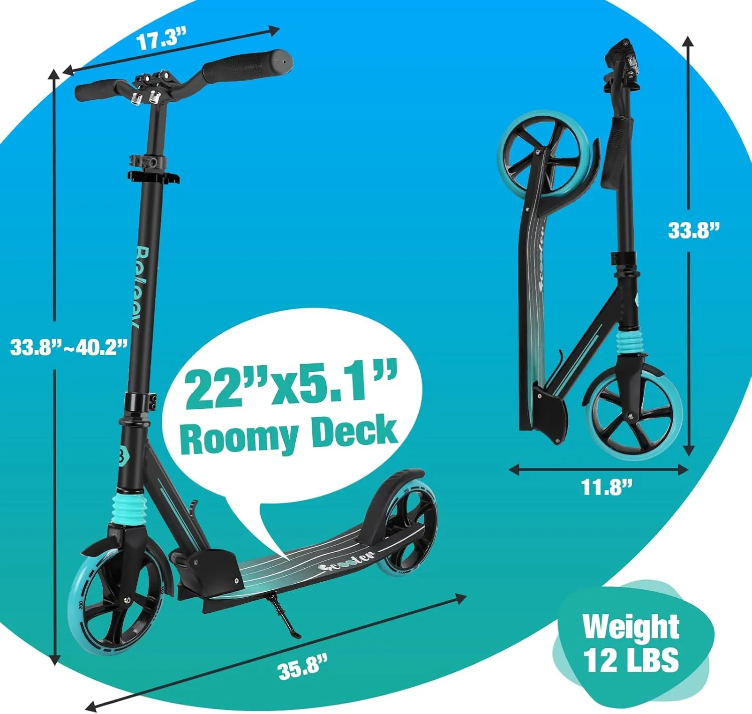 BELEEV V5 Scooters for Kids 6 Years and up, Folding Kick Scooter 2 Wheel for Adults Teens, 4 Adjustable Handlebar, 200mm Big Wheels, Lightweight Sports Commuter Scooter, Sturdy Frame, up to 220lbs