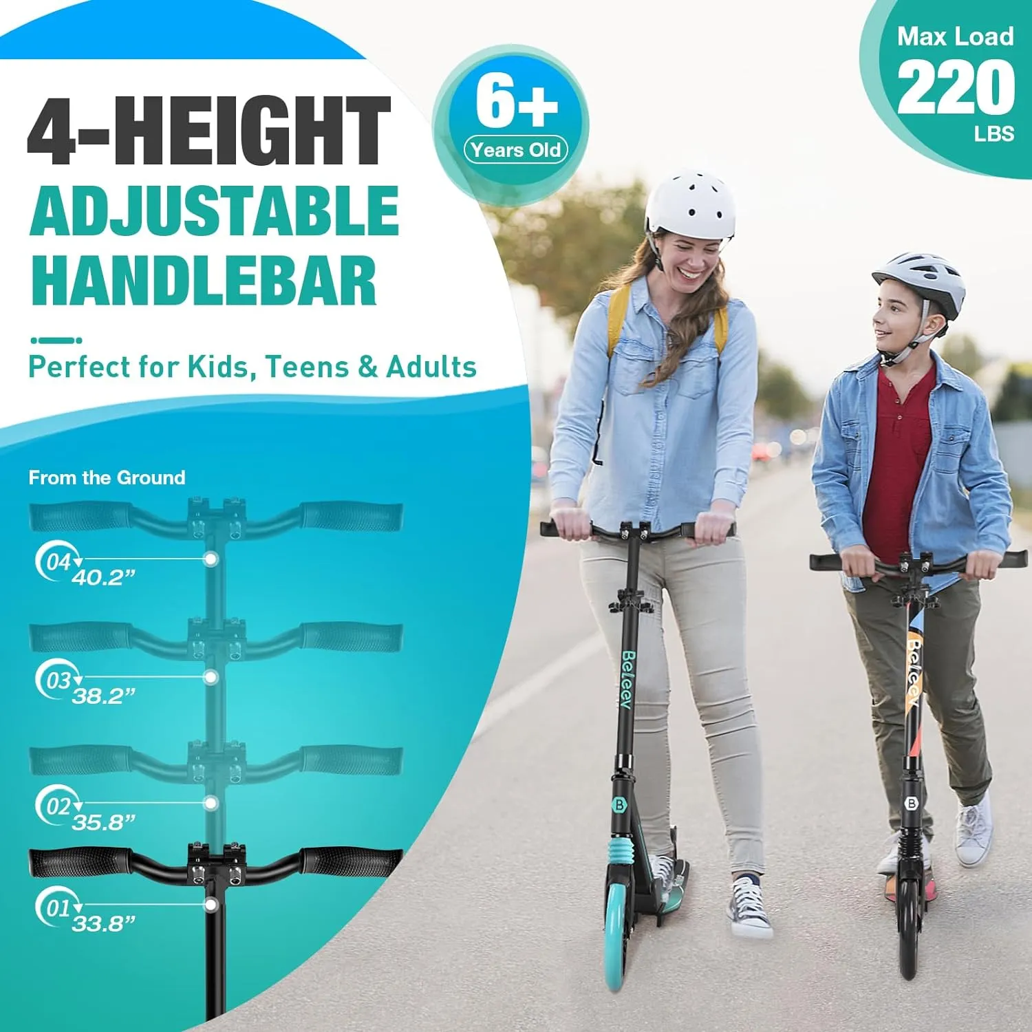 BELEEV V5 Scooters for Kids 6 Years and up, Folding Kick Scooter 2 Wheel for Adults Teens, 4 Adjustable Handlebar, 200mm Big Wheels, Lightweight Sports Commuter Scooter, Sturdy Frame, up to 220lbs