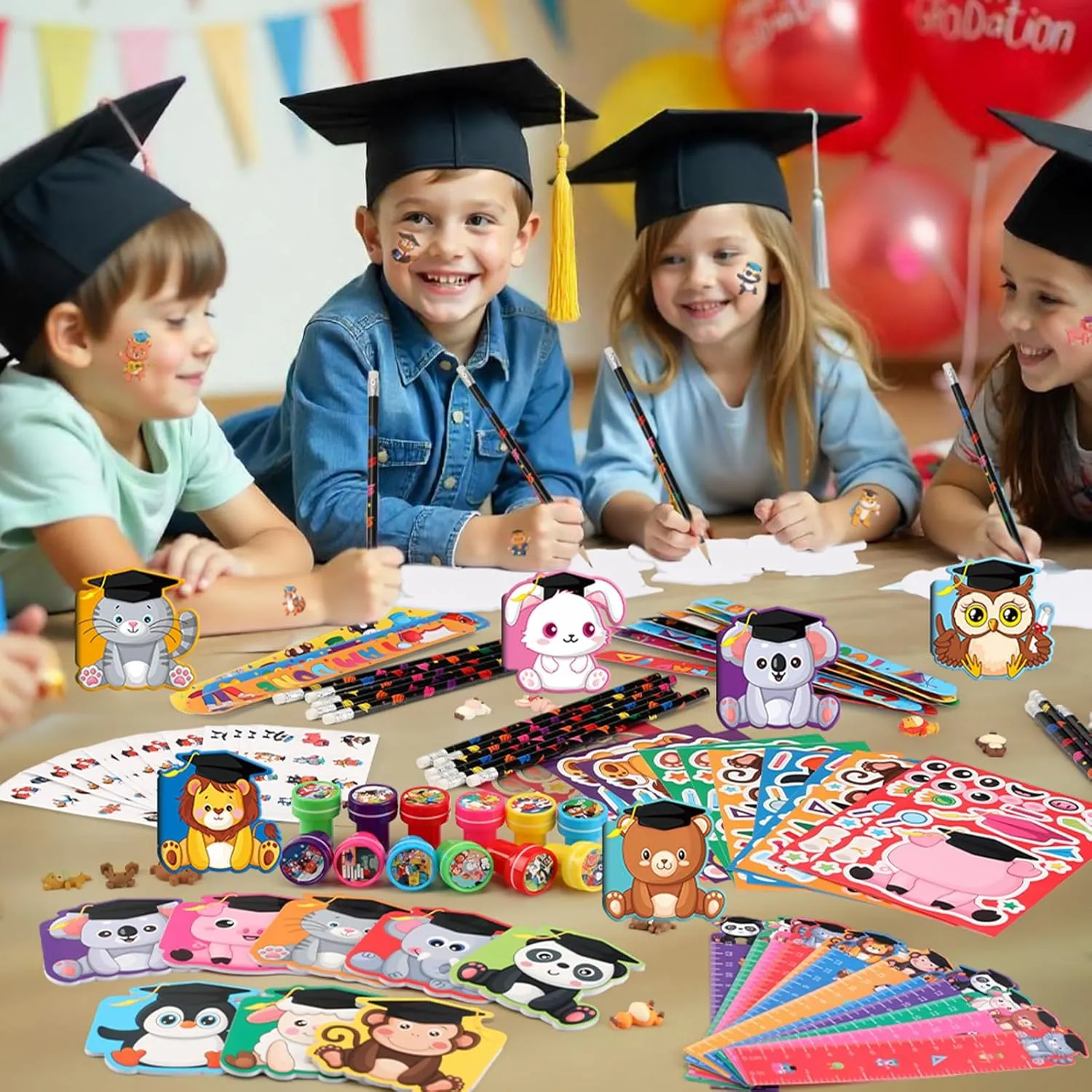 BenLouis 216 Pcs Graduation School Stationery Set Party Favors Preschool Kindergarten Classroom Gift Prizes Bulk for Kids Students Congrats Grad Goodie Bags Stuffers（Graduation Animals）
