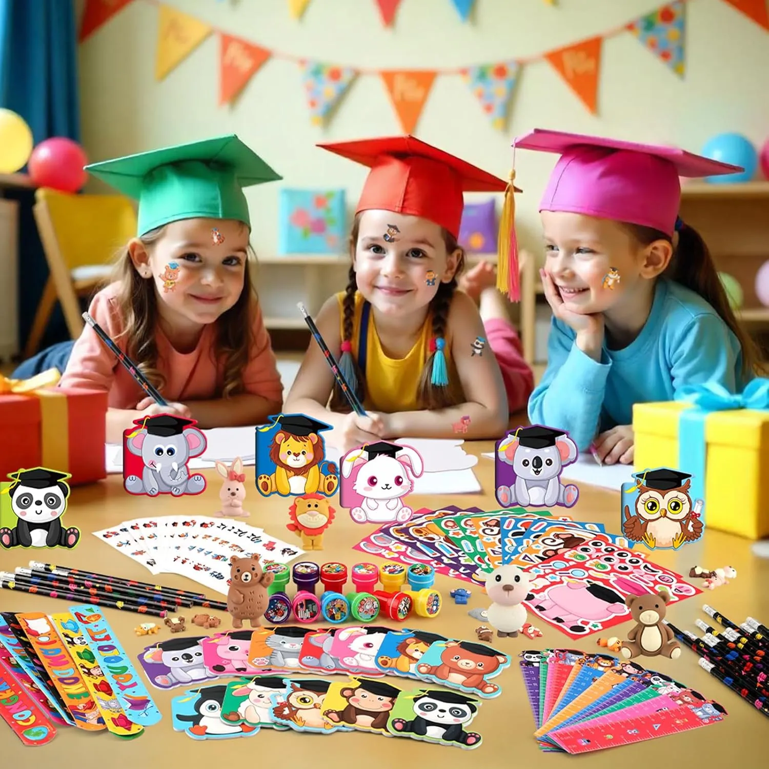 BenLouis 216 Pcs Graduation School Stationery Set Party Favors Preschool Kindergarten Classroom Gift Prizes Bulk for Kids Students Congrats Grad Goodie Bags Stuffers（Graduation Animals）