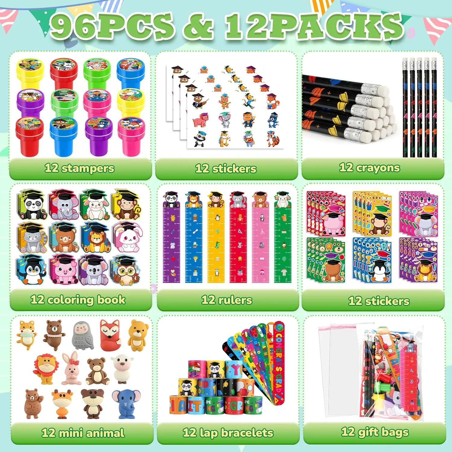 BenLouis 216 Pcs Graduation School Stationery Set Party Favors Preschool Kindergarten Classroom Gift Prizes Bulk for Kids Students Congrats Grad Goodie Bags Stuffers（Graduation Animals）
