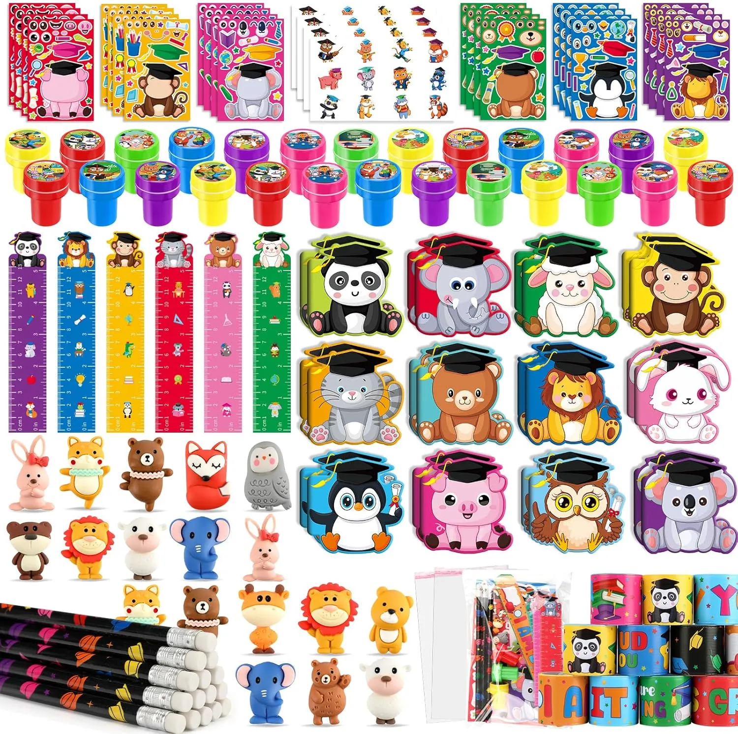 BenLouis 216 Pcs Graduation School Stationery Set Party Favors Preschool Kindergarten Classroom Gift Prizes Bulk for Kids Students Congrats Grad Goodie Bags Stuffers（Graduation Animals）