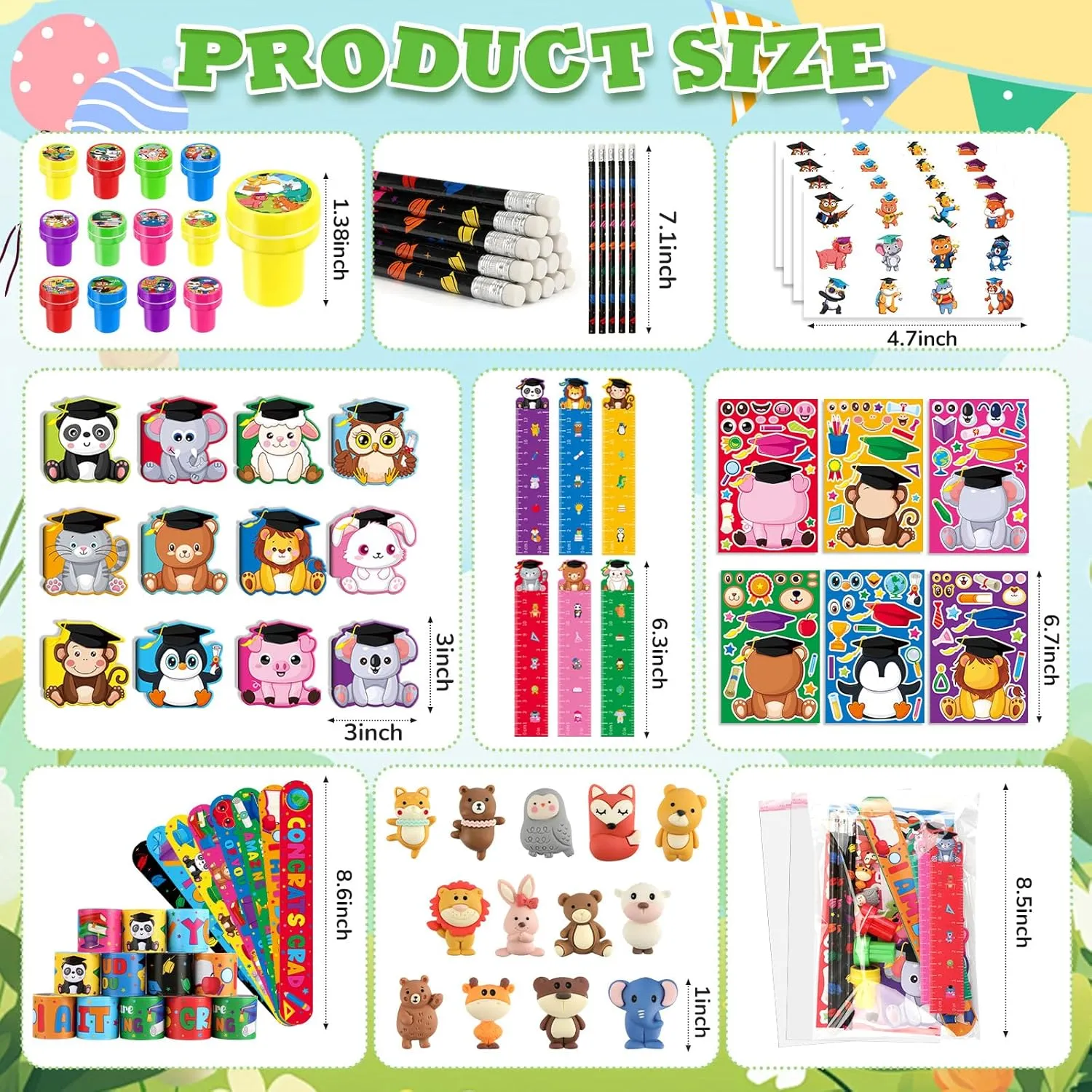 BenLouis 216 Pcs Graduation School Stationery Set Party Favors Preschool Kindergarten Classroom Gift Prizes Bulk for Kids Students Congrats Grad Goodie Bags Stuffers（Graduation Animals）