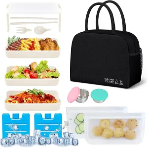 Bento Lunch Box Set, Japanese Lunch Boxes 3-In-1 Bento Box Kit, Leakproof 3 Layer Stackable Lunch Bag with Container for Women and Adults, with Food Bags and Sauce Cups