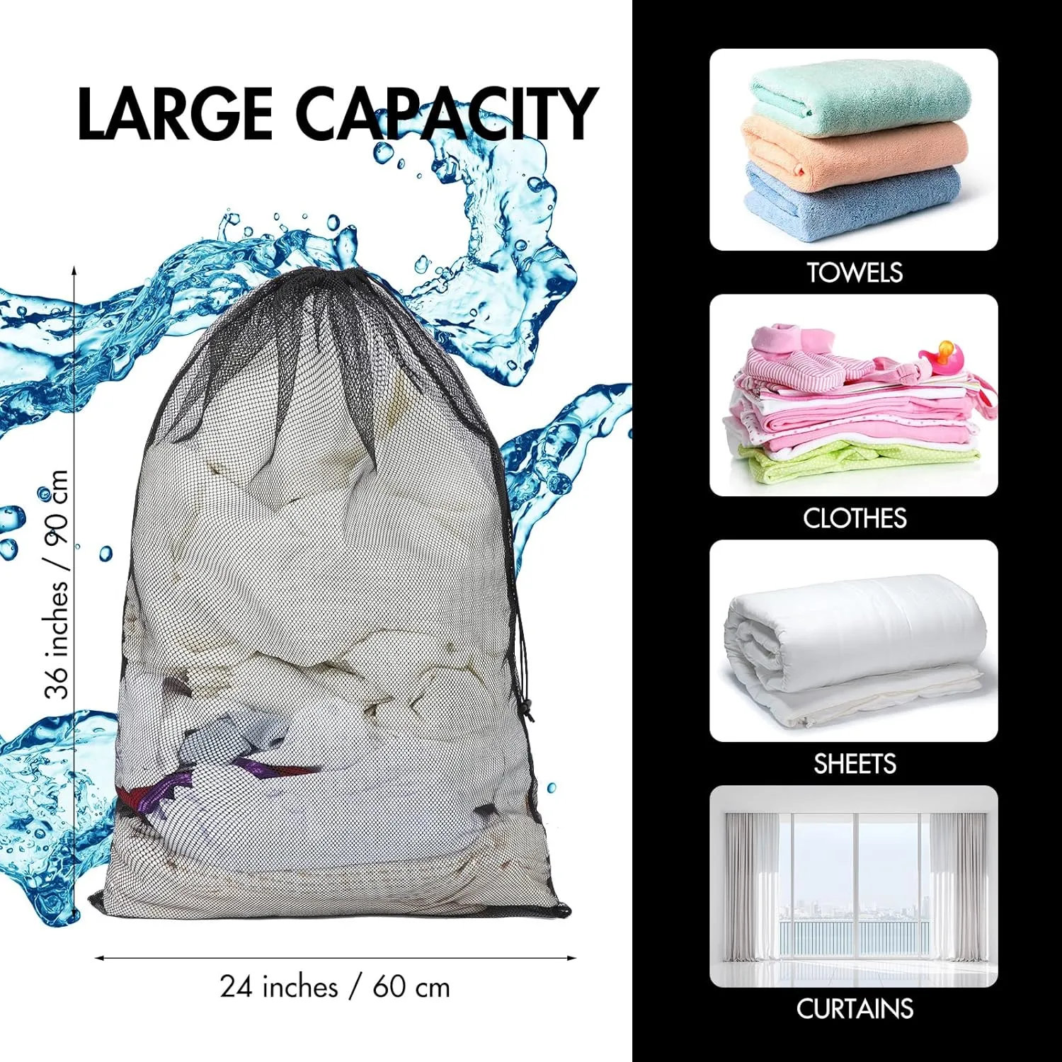 Berlune 30 Pack 24 x 36 Inches Large Mesh Bags for Laundry, Wash bags, Sturdy Mesh Material Closed with Drawstring, Factory, University, Dormitory, Travel and Apartment Dweller (Black)