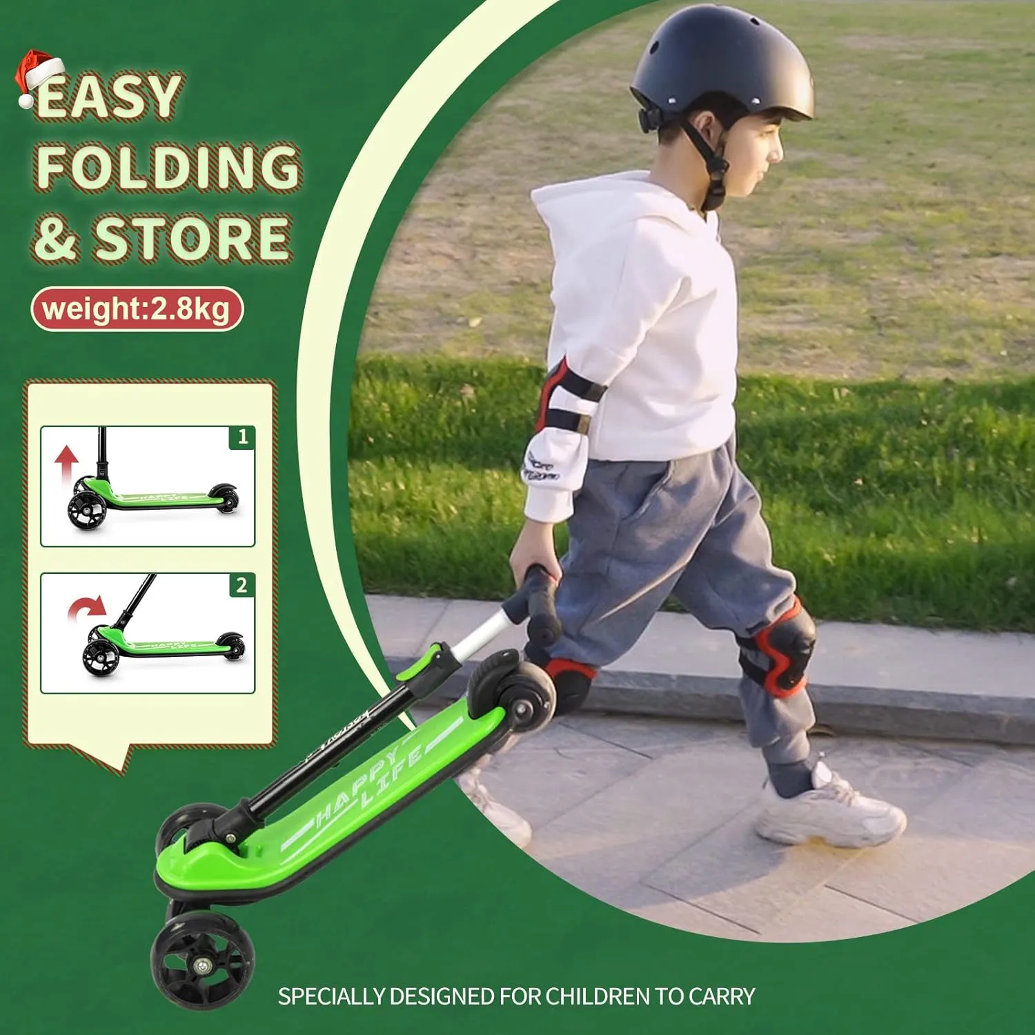 Besrey Kick Scooter for Kids Ages 3-10, 3-Wheel Folding Scooter with Adjustable Height, LED Light Wheels, Extra Wide Deck for Outdoor Activities