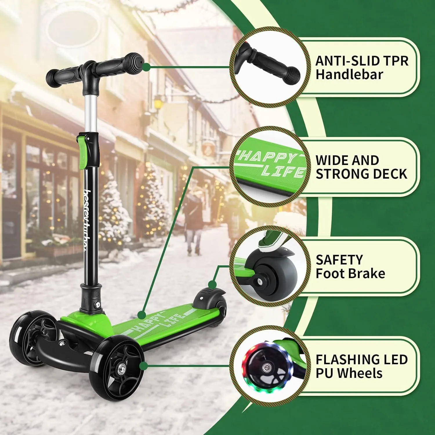 Besrey Kick Scooter for Kids Ages 3-10, 3-Wheel Folding Scooter with Adjustable Height, LED Light Wheels, Extra Wide Deck for Outdoor Activities