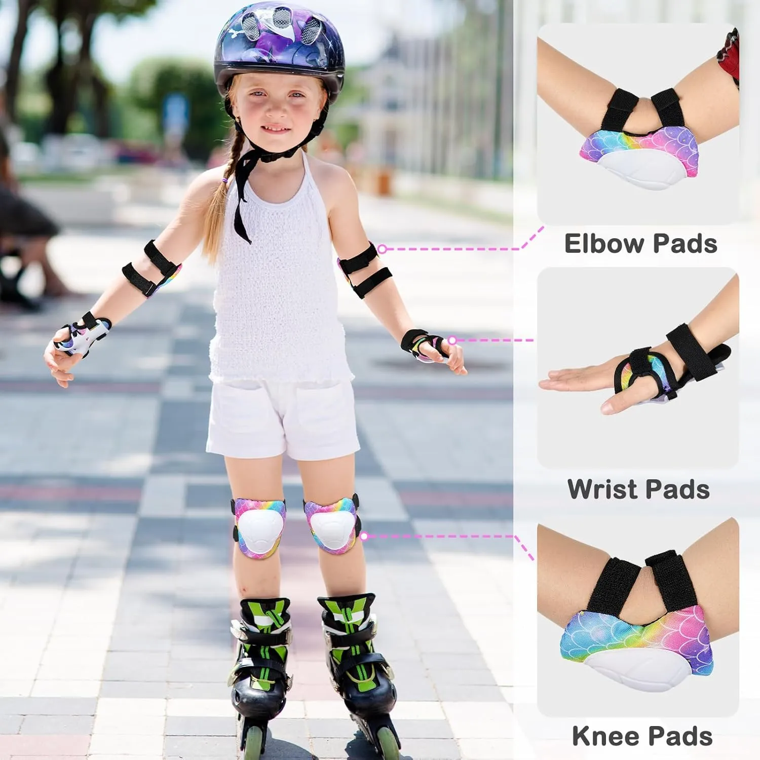Bienbee Knee and Elbow Pads Set for Kids - 7pcs Unicorn Protective Gear With Wrist Guards and Bag for Girls Boys - Roller Skating, Inline Skates, Skateboard, Cycling