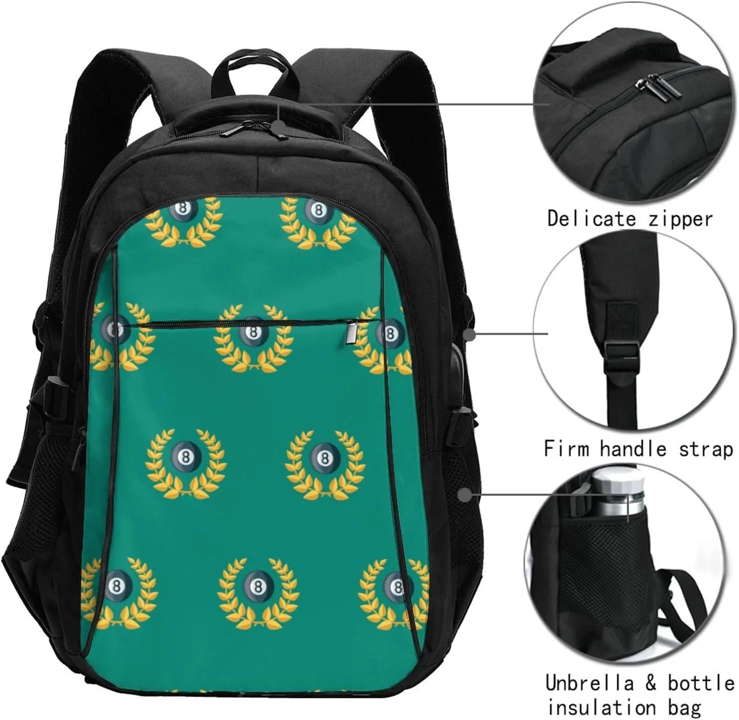 Billiards Sports Award Backpack, 18 Inch Travel Business Laptop Backpack With Usb Port For Women Men