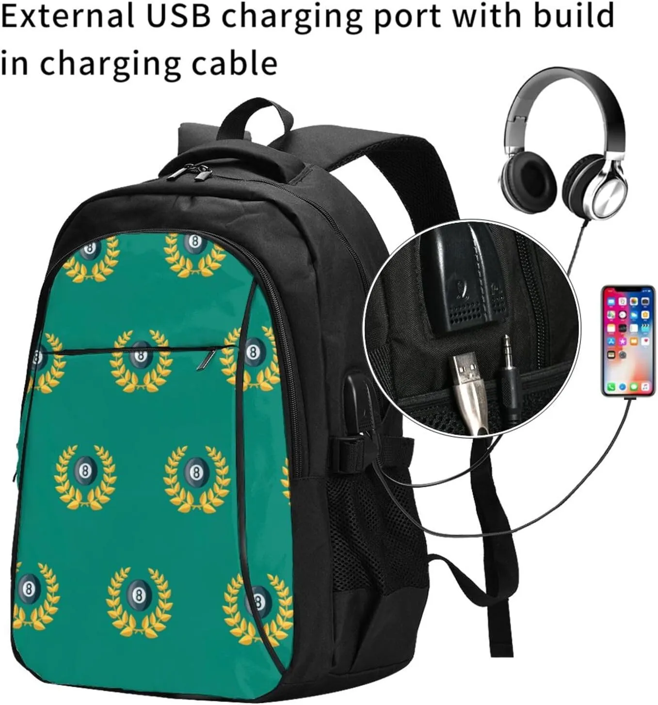Billiards Sports Award Backpack, 18 Inch Travel Business Laptop Backpack With Usb Port For Women Men