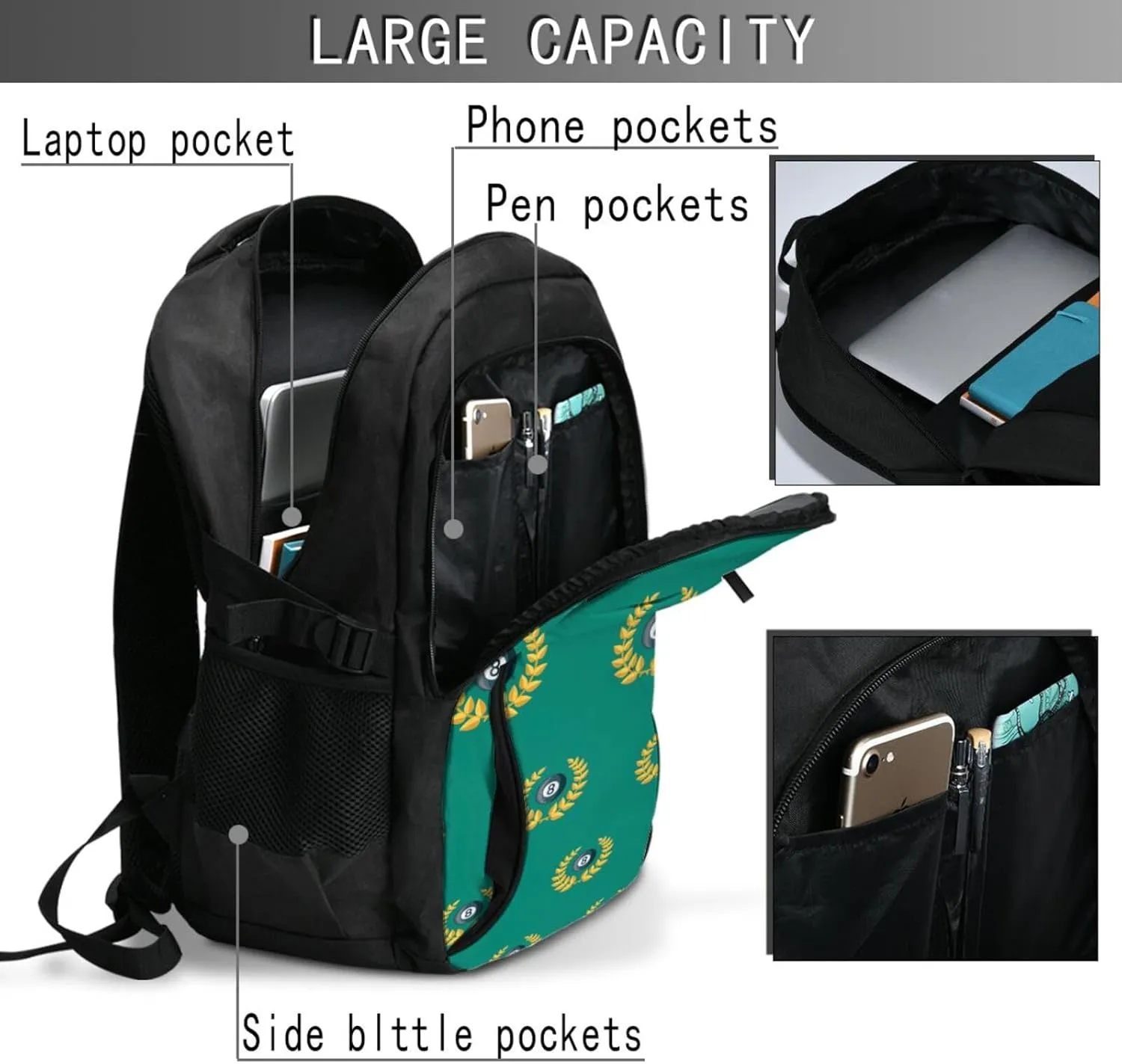 Billiards Sports Award Backpack, 18 Inch Travel Business Laptop Backpack With Usb Port For Women Men