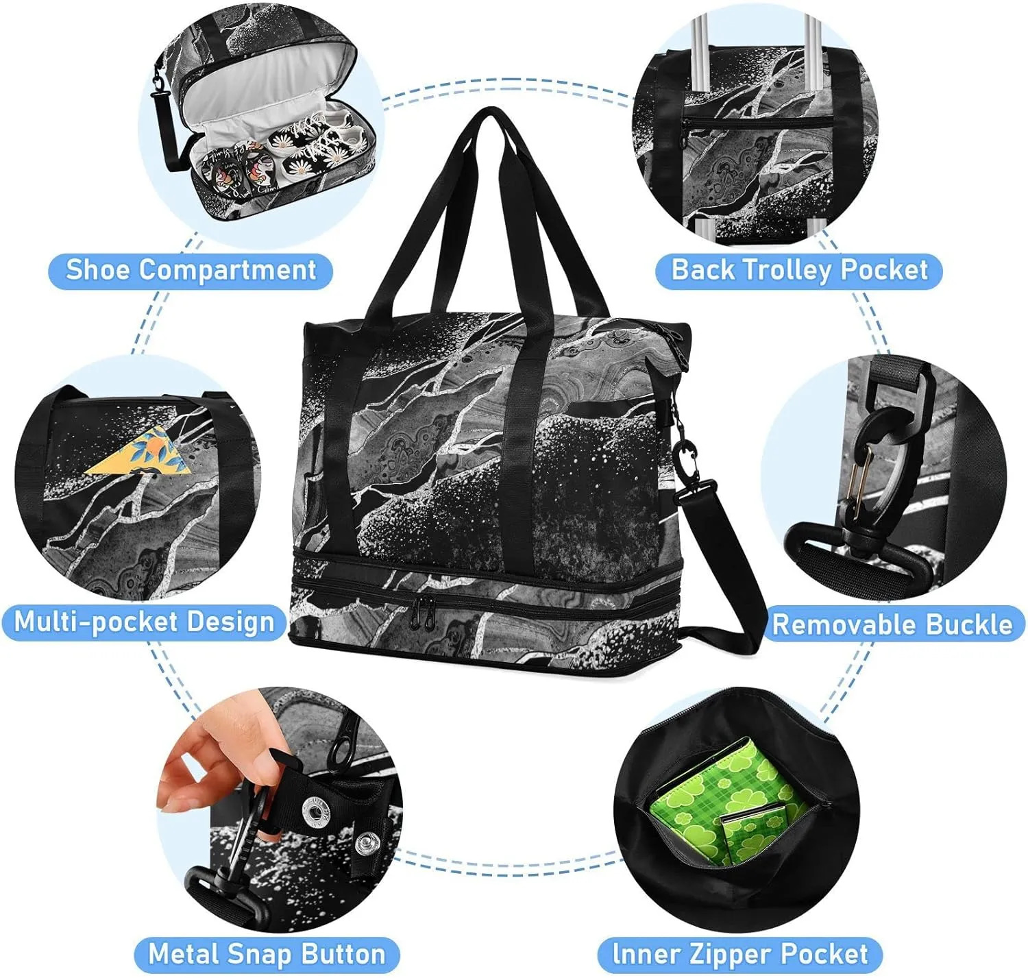 Black White Marble Green Malachite with Silver White Veins Gold Gym Duffel Bag, Polyester Travel Weekender Luggage Handbag with Waterproof Pocket for Wet Items, Unisex Foldable Tote for Sports