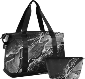 Black White Marble Green Malachite with Silver White Veins Gold Gym Duffel Bag, Polyester Travel Weekender Luggage Handbag with Waterproof Pocket for Wet Items, Unisex Foldable Tote for Sports