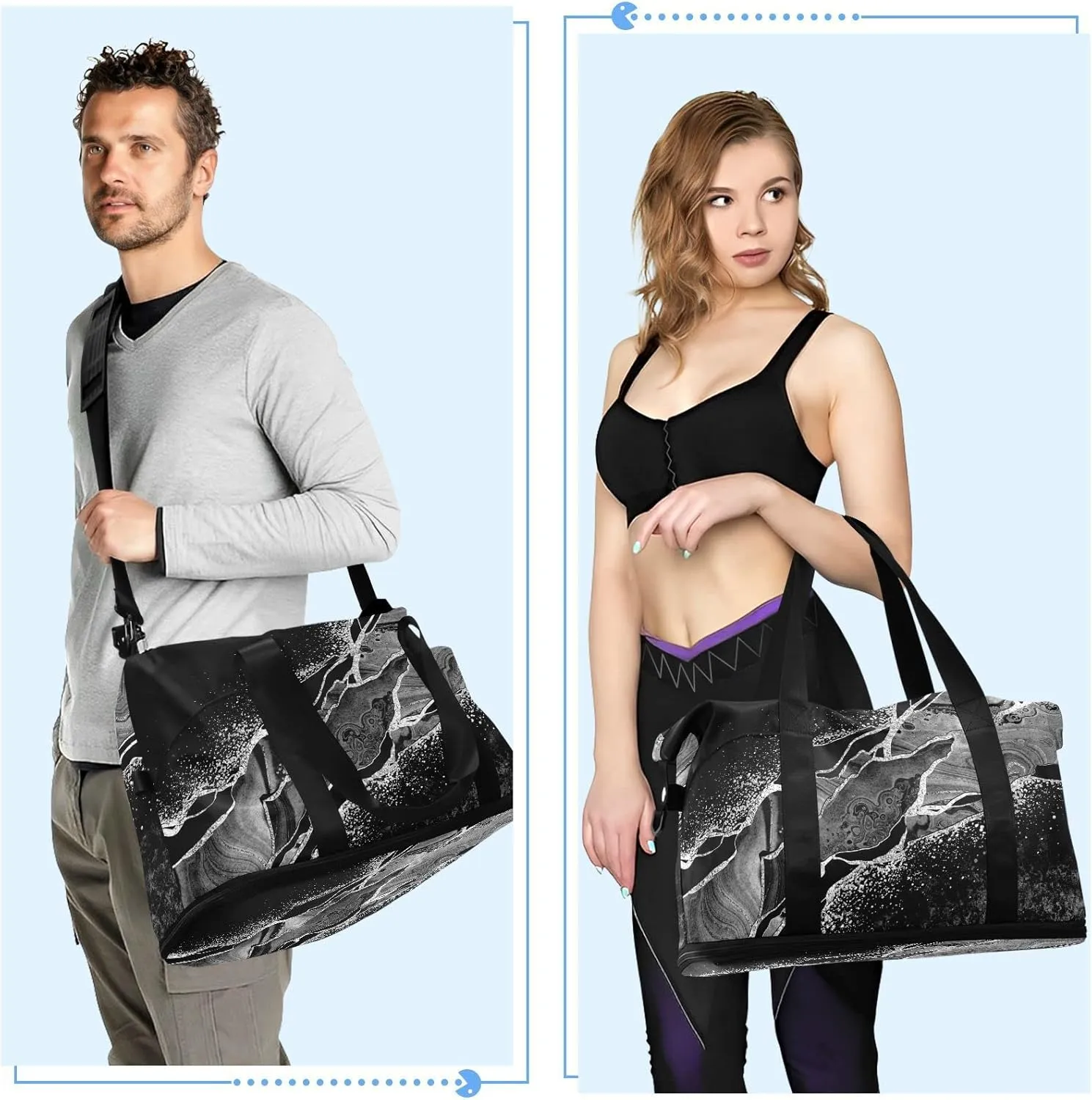 Black White Marble Green Malachite with Silver White Veins Gold Gym Duffel Bag, Polyester Travel Weekender Luggage Handbag with Waterproof Pocket for Wet Items, Unisex Foldable Tote for Sports