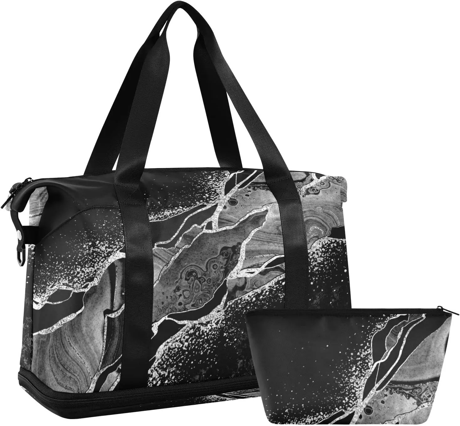 Black White Marble Green Malachite with Silver White Veins Gold Gym Duffel Bag, Polyester Travel Weekender Luggage Handbag with Waterproof Pocket for Wet Items, Unisex Foldable Tote for Sports
