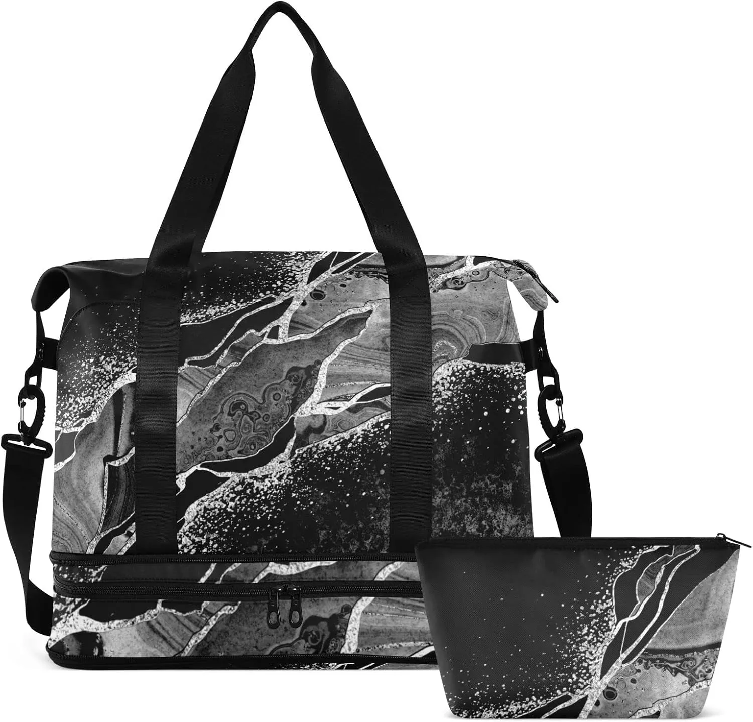 Black White Marble Green Malachite with Silver White Veins Gold Gym Duffel Bag, Polyester Travel Weekender Luggage Handbag with Waterproof Pocket for Wet Items, Unisex Foldable Tote for Sports