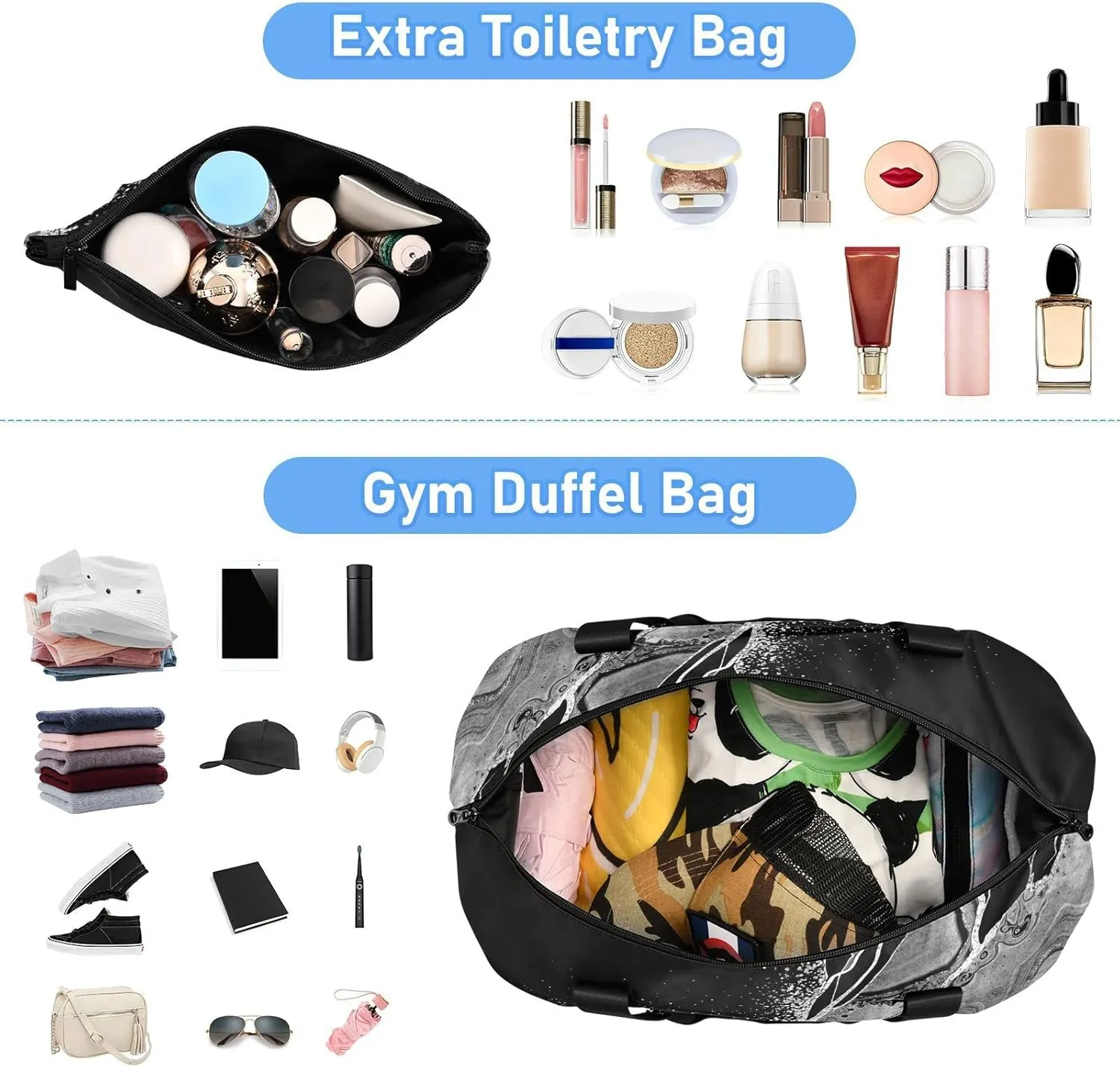 Black White Marble Green Malachite with Silver White Veins Gold Gym Duffel Bag, Polyester Travel Weekender Luggage Handbag with Waterproof Pocket for Wet Items, Unisex Foldable Tote for Sports