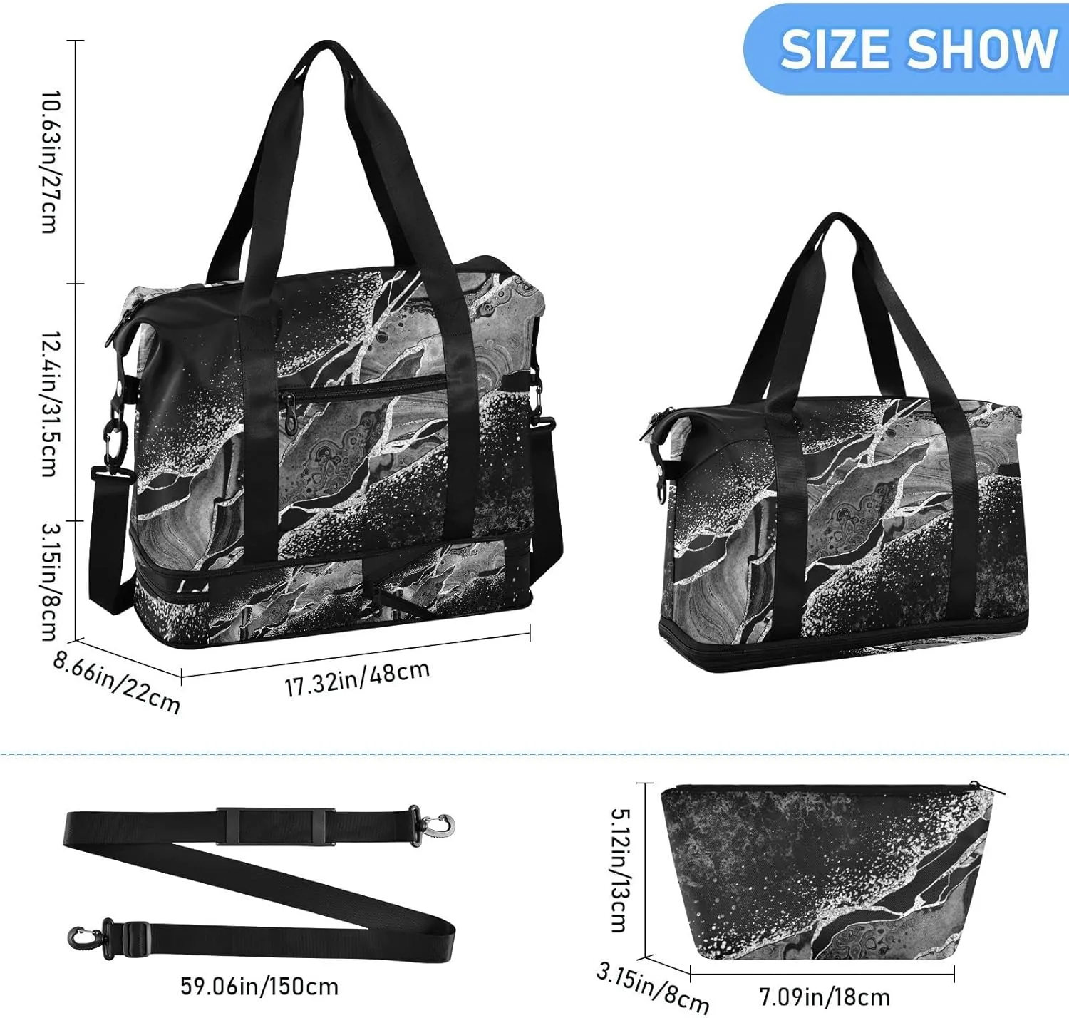 Black White Marble Green Malachite with Silver White Veins Gold Gym Duffel Bag, Polyester Travel Weekender Luggage Handbag with Waterproof Pocket for Wet Items, Unisex Foldable Tote for Sports