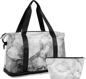 Black White Marble Texture with Silver White Lines Abstract Liquid Gym Duffel Bag, Polyester Travel Weekender Luggage Handbag with Waterproof Pocket for Wet Items, Unisex Foldable Tote for Sports