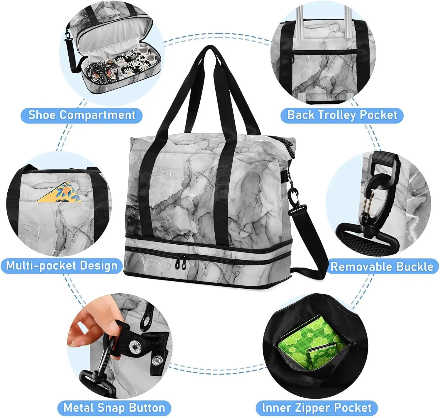 Black White Marble Texture with Silver White Lines Abstract Liquid Gym Duffel Bag, Polyester Travel Weekender Luggage Handbag with Waterproof Pocket for Wet Items, Unisex Foldable Tote for Sports
