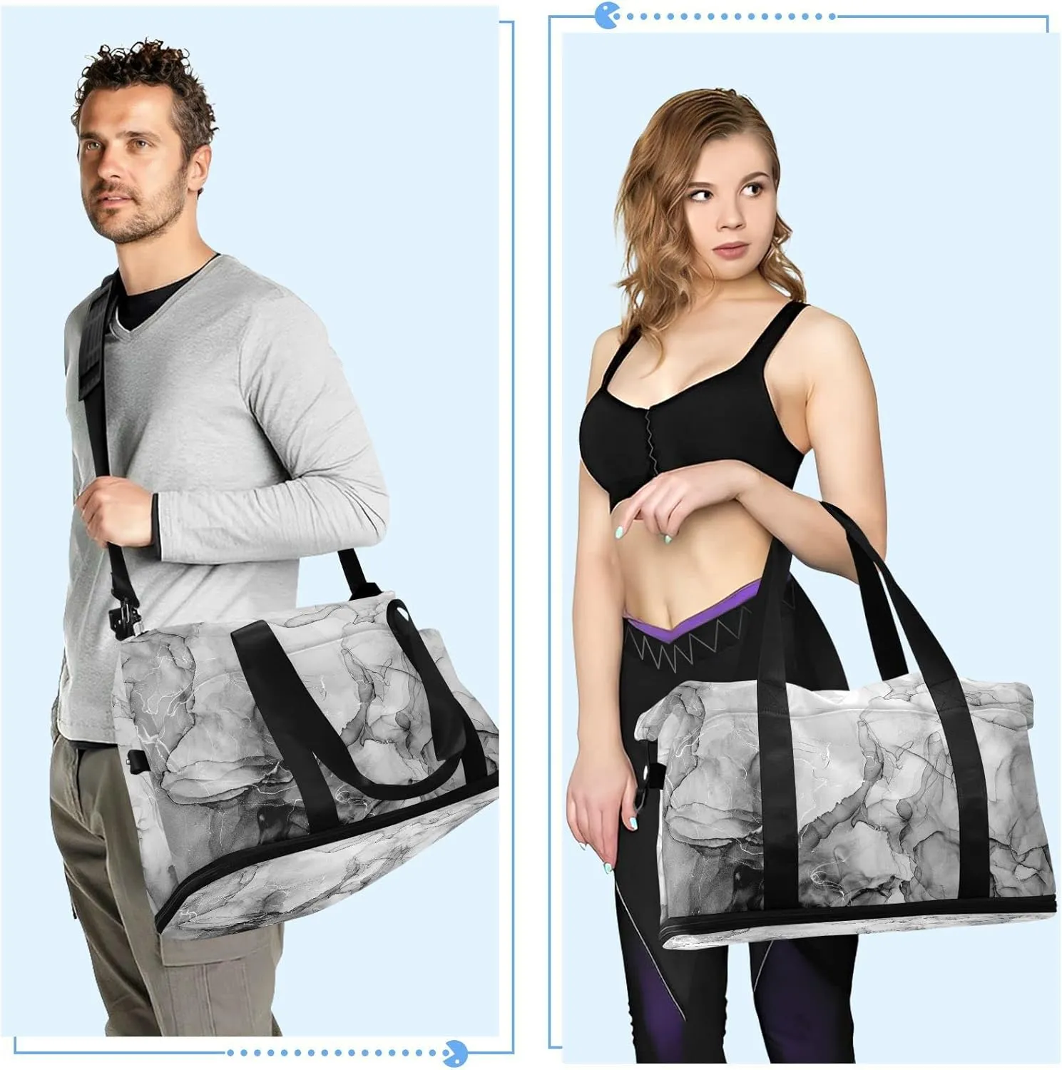 Black White Marble Texture with Silver White Lines Abstract Liquid Gym Duffel Bag, Polyester Travel Weekender Luggage Handbag with Waterproof Pocket for Wet Items, Unisex Foldable Tote for Sports
