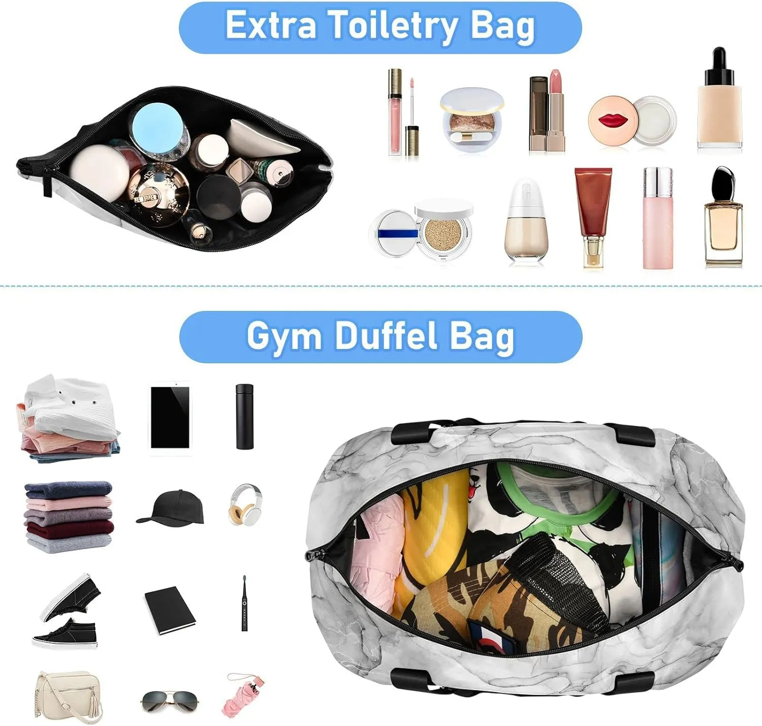 Black White Marble Texture with Silver White Lines Abstract Liquid Gym Duffel Bag, Polyester Travel Weekender Luggage Handbag with Waterproof Pocket for Wet Items, Unisex Foldable Tote for Sports