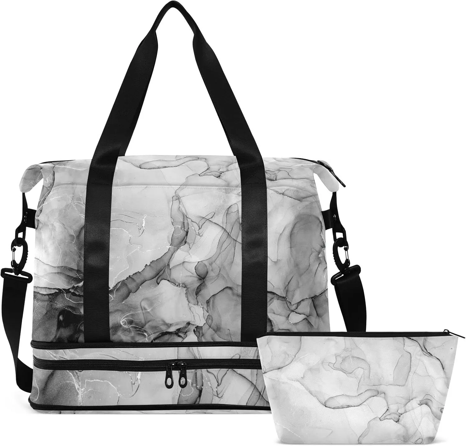 Black White Marble Texture with Silver White Lines Abstract Liquid Gym Duffel Bag, Polyester Travel Weekender Luggage Handbag with Waterproof Pocket for Wet Items, Unisex Foldable Tote for Sports