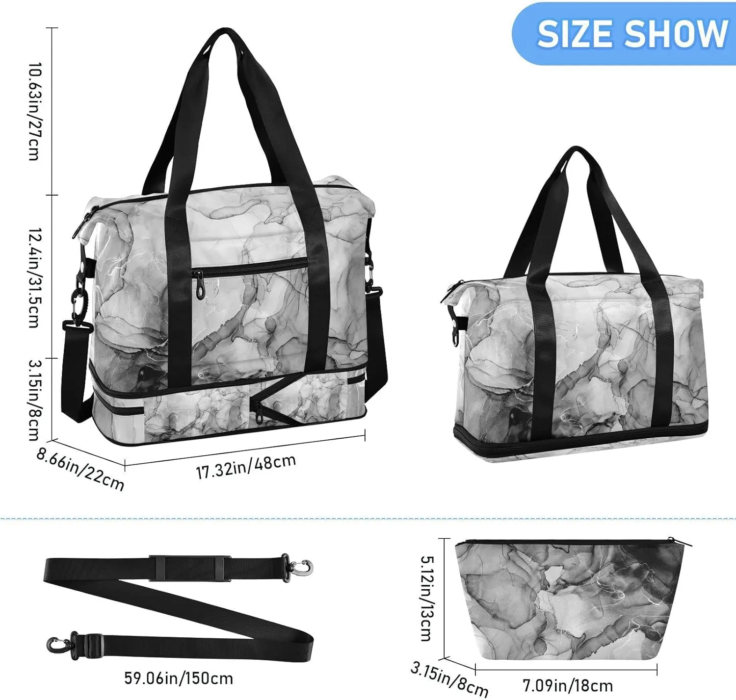 Black White Marble Texture with Silver White Lines Abstract Liquid Gym Duffel Bag, Polyester Travel Weekender Luggage Handbag with Waterproof Pocket for Wet Items, Unisex Foldable Tote for Sports