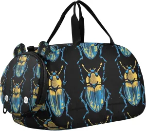 Blue and Yellow Beetle Insect Sports Duffle Bag for Kids Girls Boys, Gym Bag with Shoe Compartments, Kids Travel Overnight Weekender Shoulder Bag