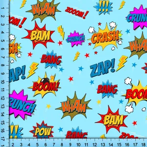 Blue Comic Book Sound Effects Fabric Design, Novelty Superhero Pattern Printed By the Yard
