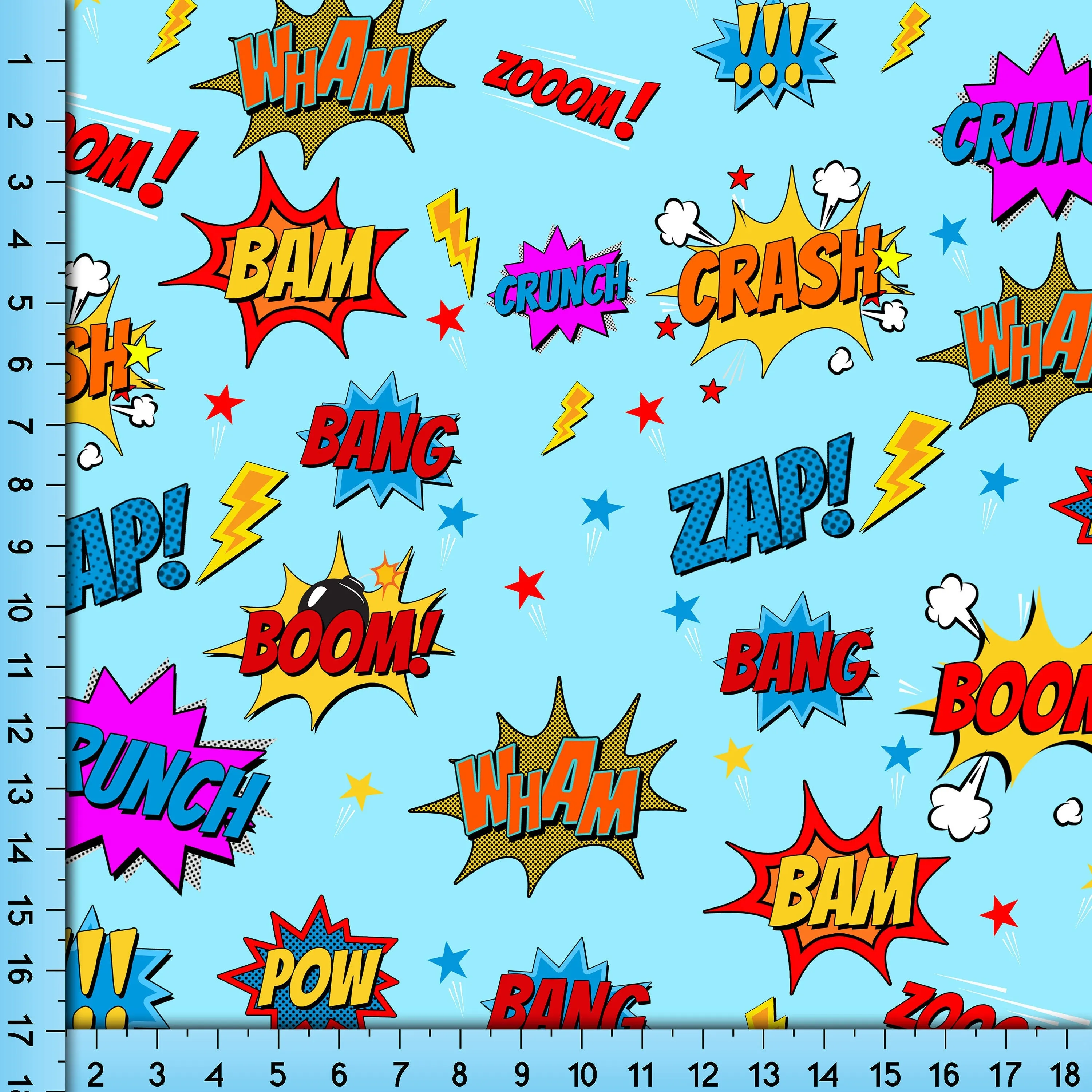 Blue Comic Book Sound Effects Fabric Design, Novelty Superhero Pattern Printed By the Yard