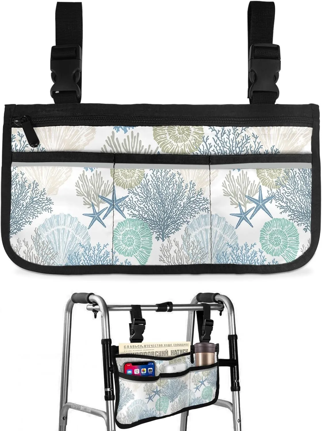 Blue Coral Wheelchair Side Bag Walker Bag, Nautical Coastal Summer Starfish Shells Ocean Themed Wheelchair Armrest Accessories Organizer Pouch for Walkers, Rollators, Scooters, 7.3''x13''