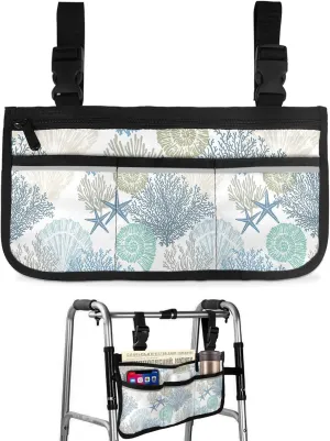 Blue Coral Wheelchair Side Bag Walker Bag, Nautical Coastal Summer Starfish Shells Ocean Themed Wheelchair Armrest Accessories Organizer Pouch for Walkers, Rollators, Scooters, 7.3''x13''