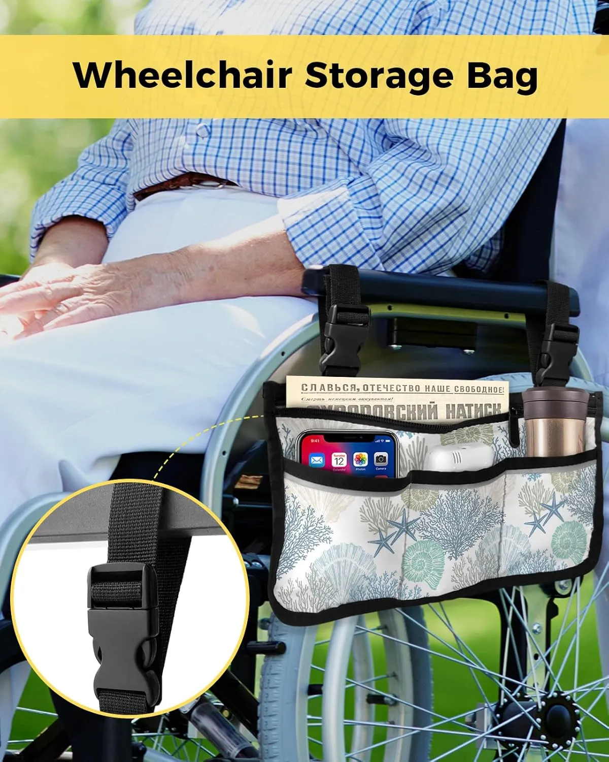 Blue Coral Wheelchair Side Bag Walker Bag, Nautical Coastal Summer Starfish Shells Ocean Themed Wheelchair Armrest Accessories Organizer Pouch for Walkers, Rollators, Scooters, 7.3''x13''