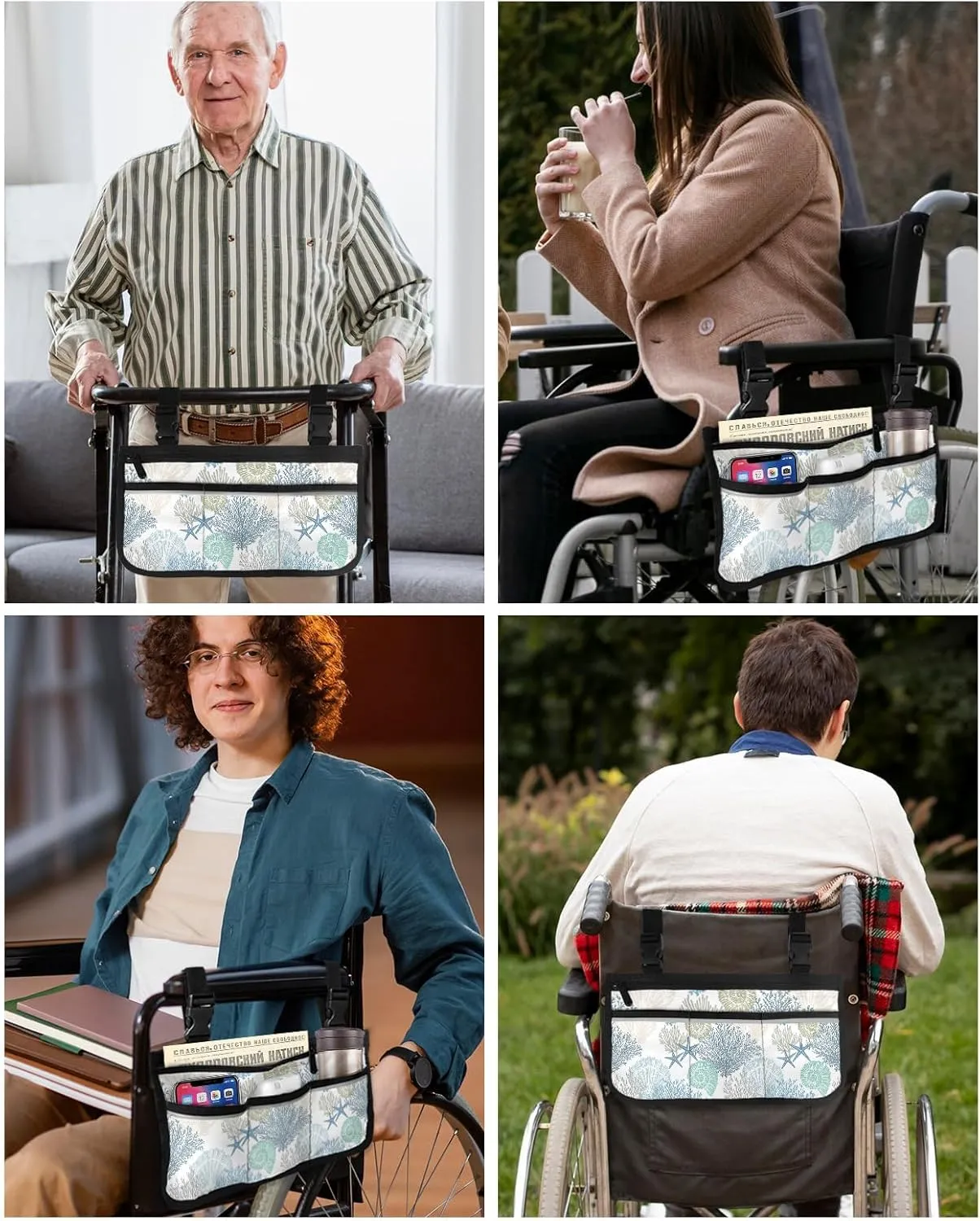 Blue Coral Wheelchair Side Bag Walker Bag, Nautical Coastal Summer Starfish Shells Ocean Themed Wheelchair Armrest Accessories Organizer Pouch for Walkers, Rollators, Scooters, 7.3''x13''