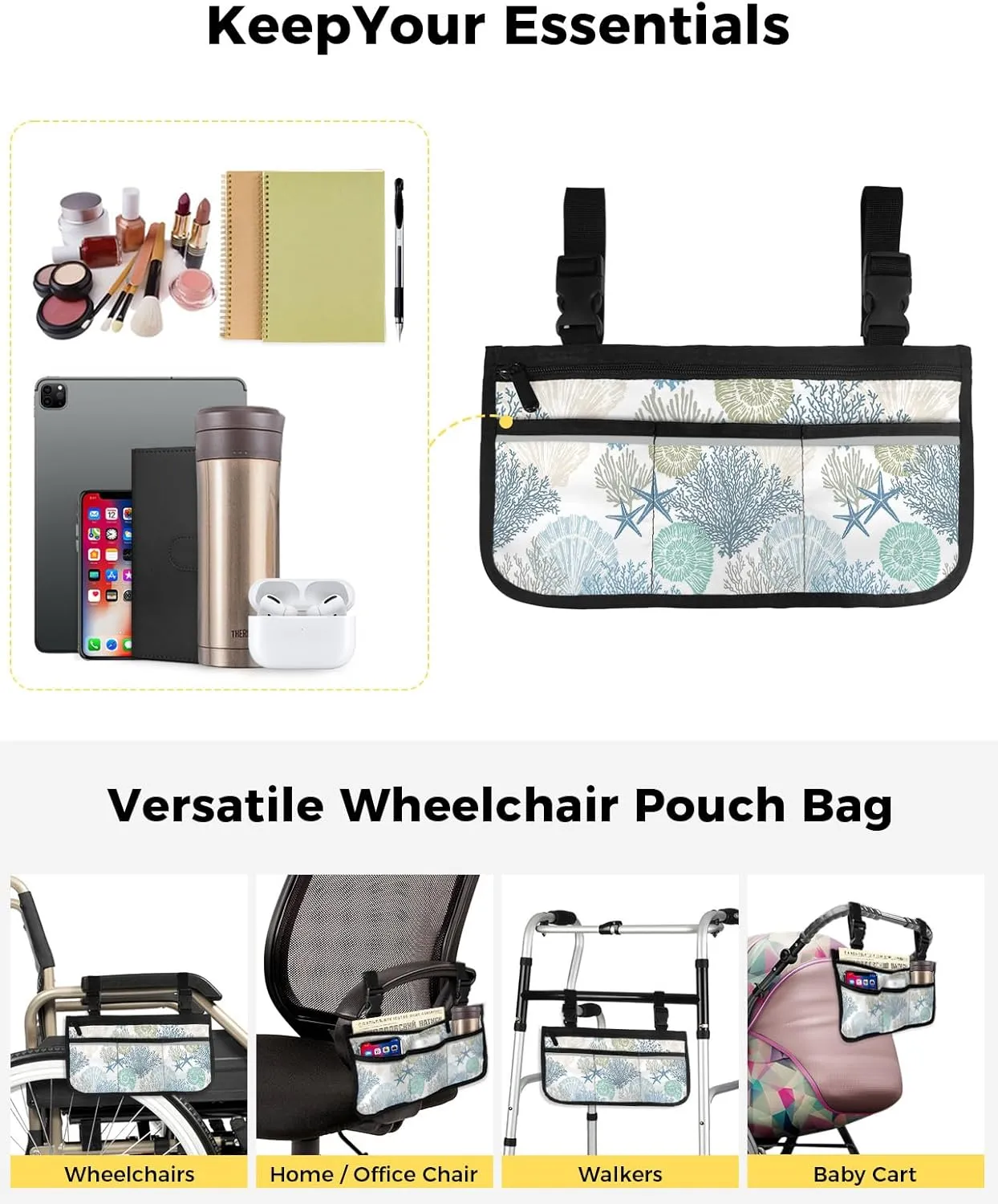 Blue Coral Wheelchair Side Bag Walker Bag, Nautical Coastal Summer Starfish Shells Ocean Themed Wheelchair Armrest Accessories Organizer Pouch for Walkers, Rollators, Scooters, 7.3''x13''