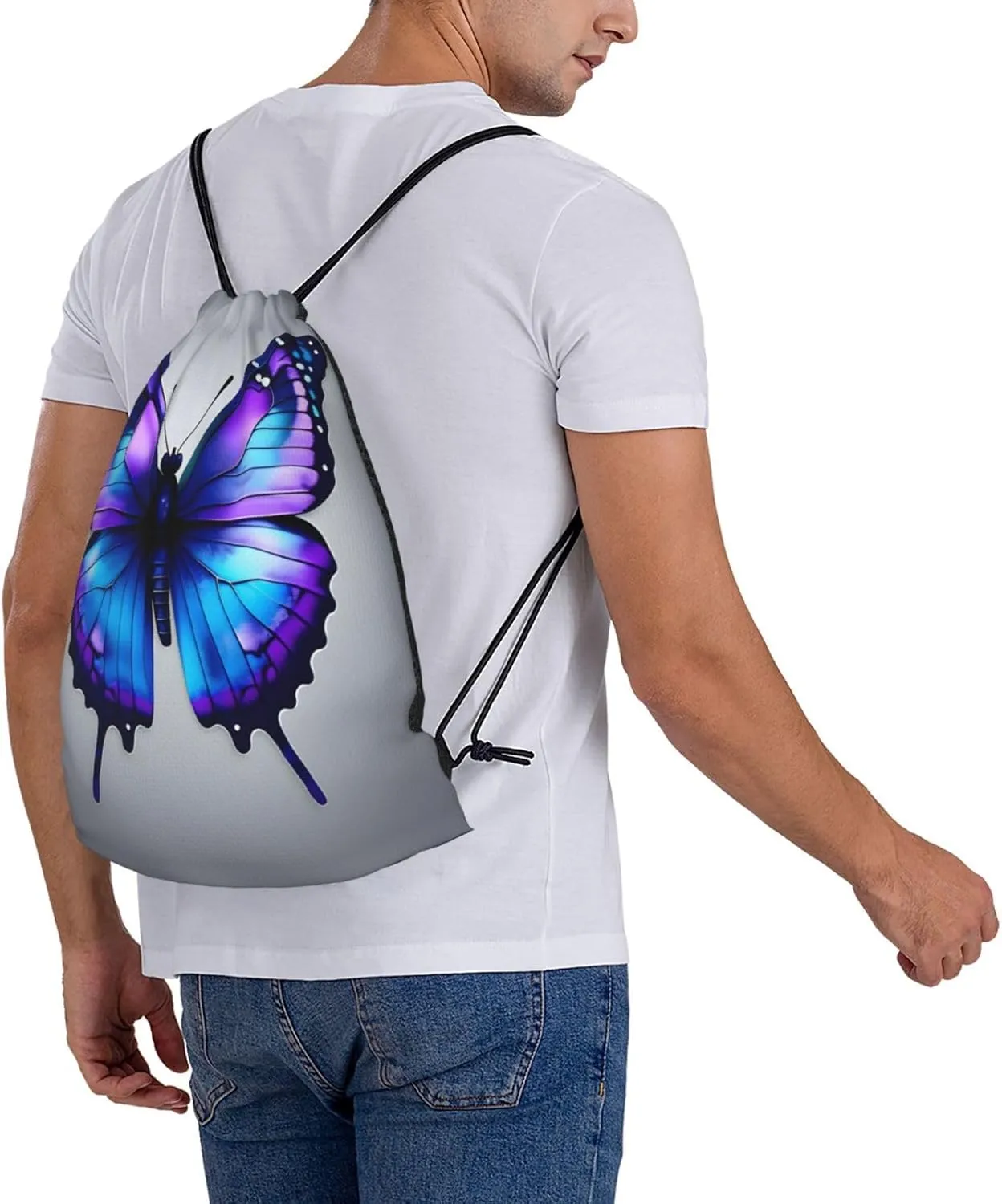 Blue Purple Butterflies Print Sports Drawstring Backpack,Water Resistant Bag, Gym Backpack for Women Men