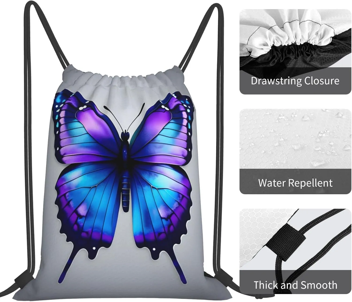 Blue Purple Butterflies Print Sports Drawstring Backpack,Water Resistant Bag, Gym Backpack for Women Men