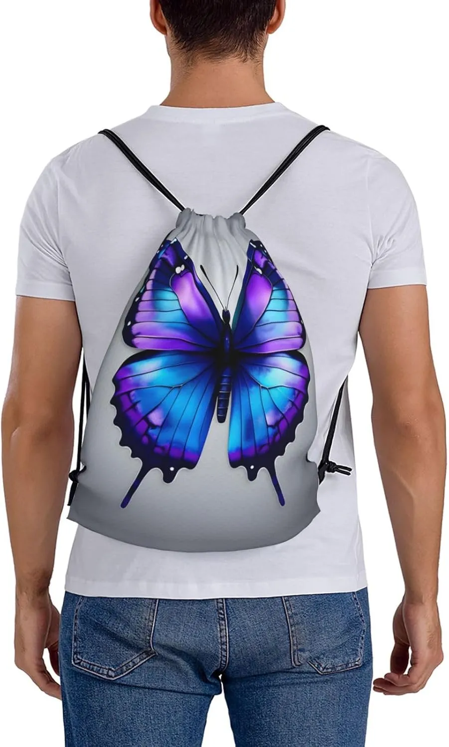 Blue Purple Butterflies Print Sports Drawstring Backpack,Water Resistant Bag, Gym Backpack for Women Men