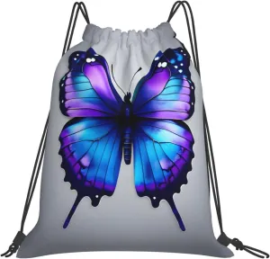 Blue Purple Butterflies Print Sports Drawstring Backpack,Water Resistant Bag, Gym Backpack for Women Men