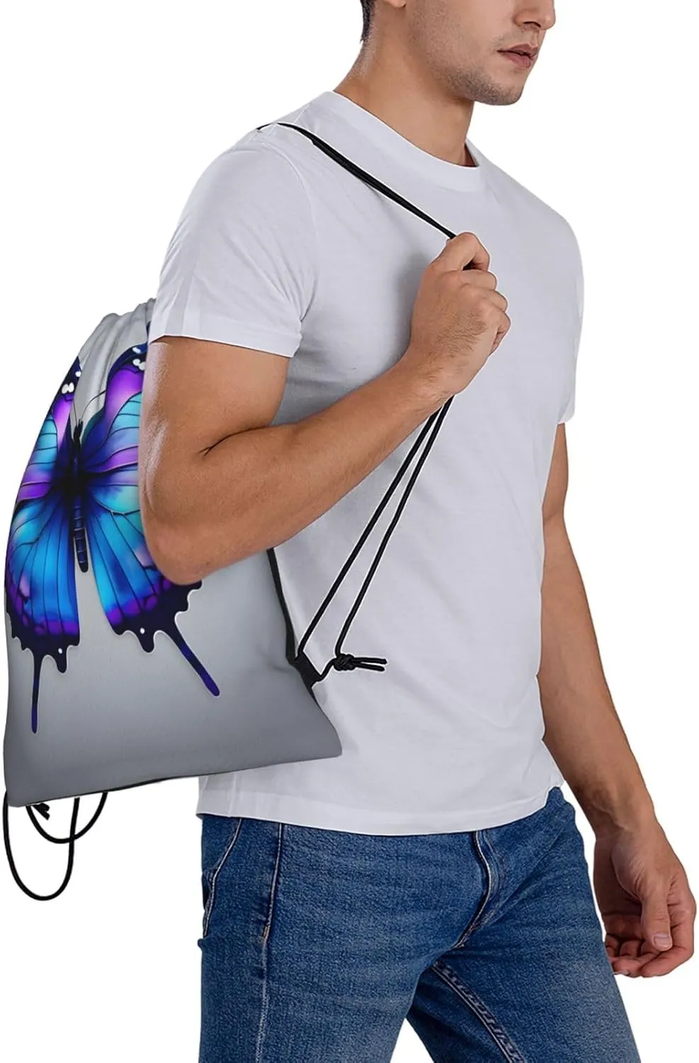 Blue Purple Butterflies Print Sports Drawstring Backpack,Water Resistant Bag, Gym Backpack for Women Men