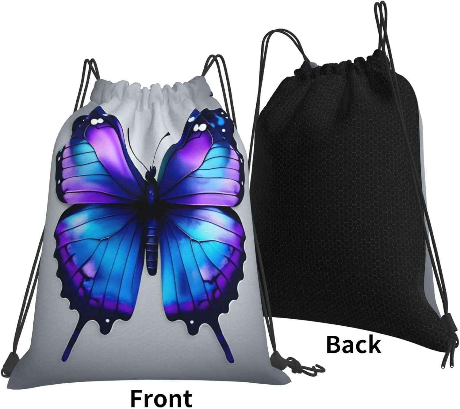 Blue Purple Butterflies Print Sports Drawstring Backpack,Water Resistant Bag, Gym Backpack for Women Men
