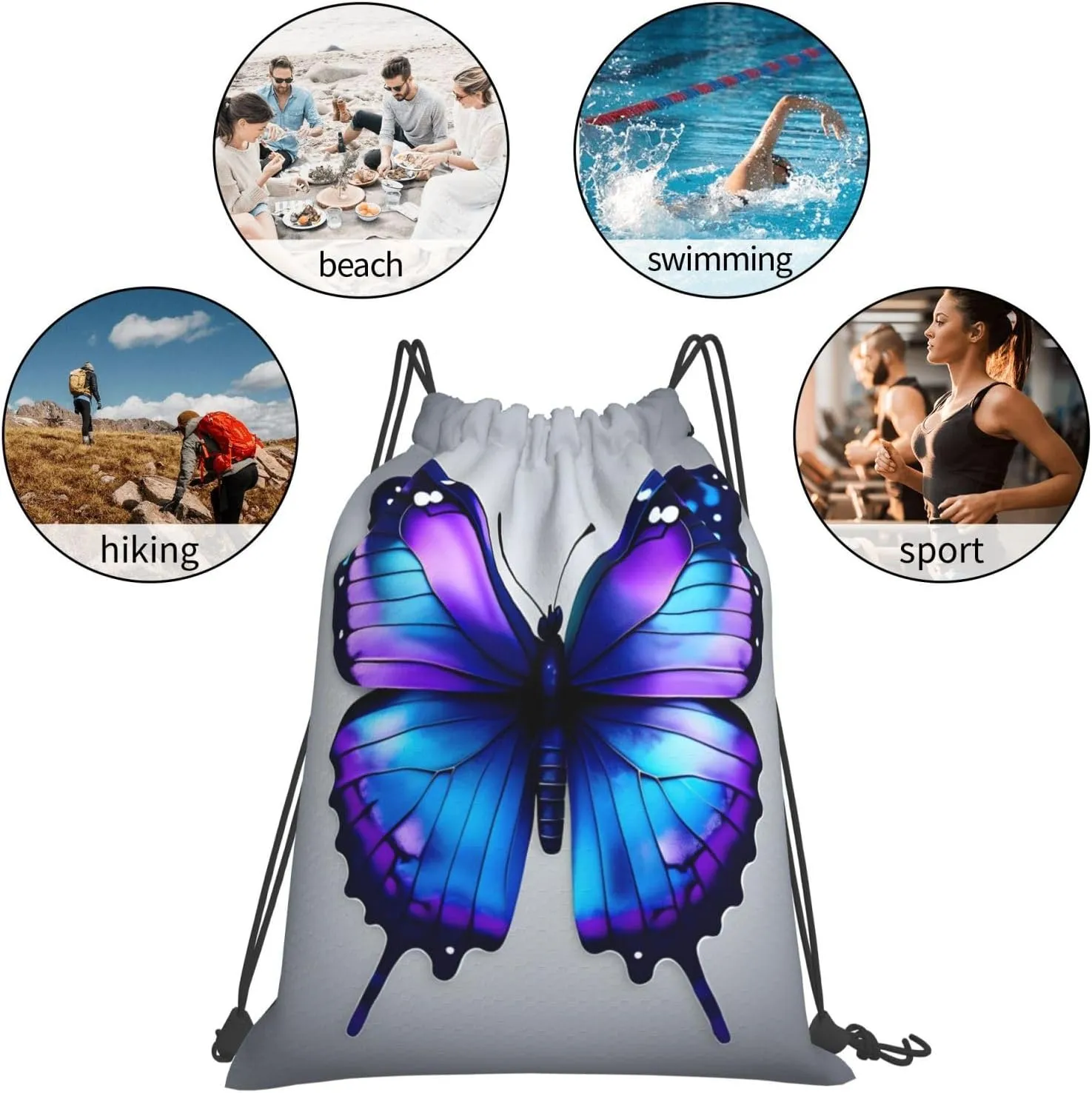 Blue Purple Butterflies Print Sports Drawstring Backpack,Water Resistant Bag, Gym Backpack for Women Men