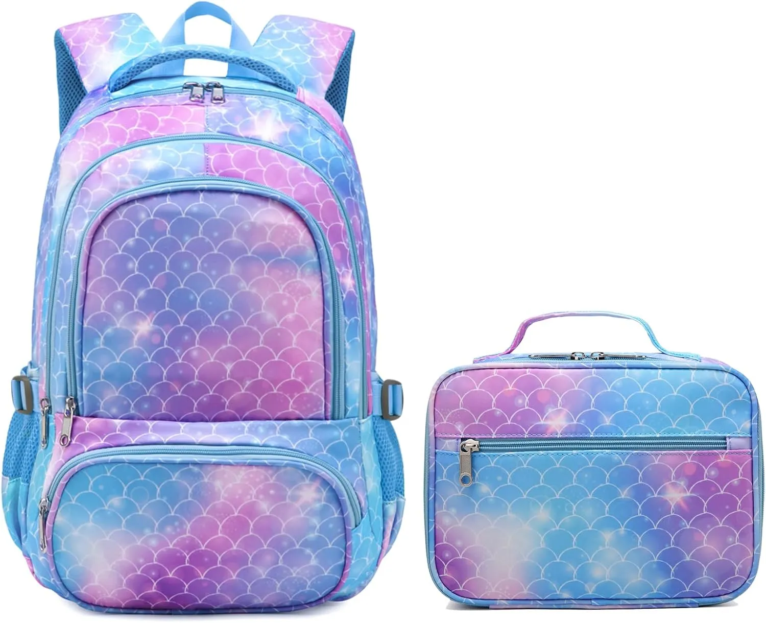BLUEFAIRY Girls Backpack with Lunch Box Set Mermaid School Bag Set for Kids Elementary Primary School Book Bags Back to School Bookbags for Childs Lightweight Mochila para Niñas Cute Gifts Aged 4-8